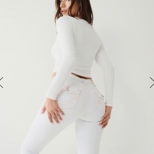 NWT True Religion Jennie Curvy Mid Rise Super Skinny White with Orange Size 31